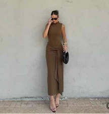 ZARA NEW WOMAN MIDI DRESS WITH TIED KNOT DARK TAN | 3067/253 ALL SIZES fw24