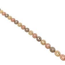 14k Gold Diamond Cut Circles with Mini Hearts Tri-Color Gold Bracelet 7"