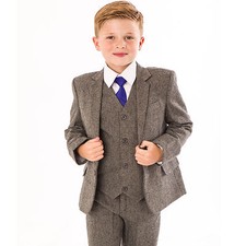 Boys Suits Wedding Suit 5pc Tweed Waistcoat Suit Page Boy Formal Party grey