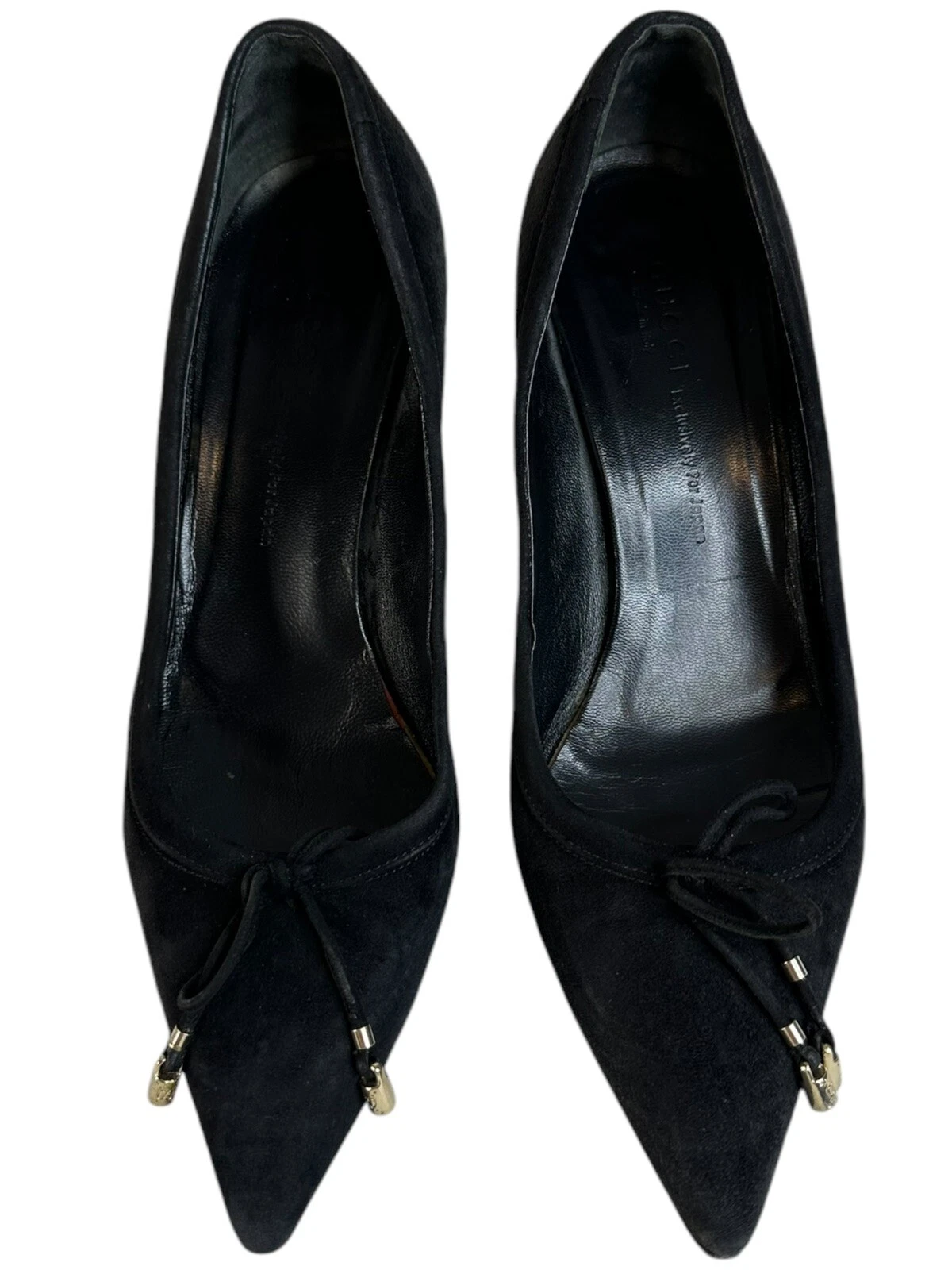 Escarpins GUCCI talons chaton cuir daim US 6 EU 36,5 noir bout pointu nœud logo