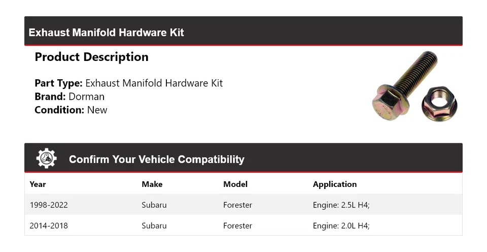 Kit de herrajes colector de escape para Subaru Forester Dorman 1998-2022 1999 2000 Foto 2 de 4
