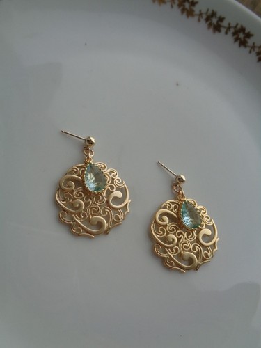 Gold Earrings, Gold Filled, Gold Plated, Filigree, with Crystal - Picture 9 of 11
