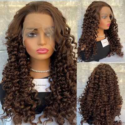 Long Afro Kinky Curly Brown Human Hair Blend Heat Ok Wigs Women Soft Natural