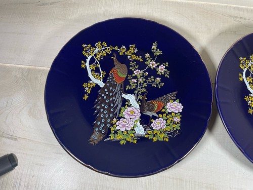 Pair Of Vintage Cobalt Blue Peacocks Flowers Plate Made in Japan 10" - Picture 2 of 8
