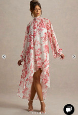 Lulus Women’s S White Pink Floral Chiffon Hi-Low Mock Neck Ruffle Tie Dress