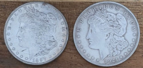 Antique Morgan Silver Dollar Lot (2) Philadelphia Mint 1897 & 1921 Circulated