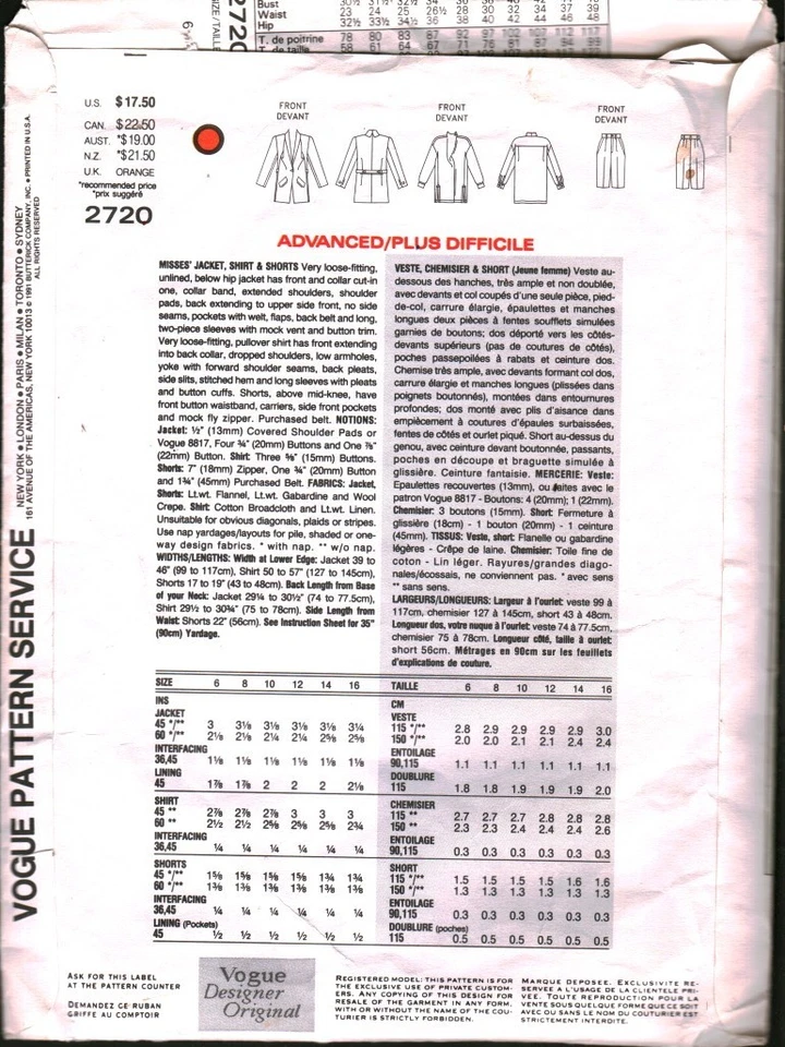2720 Vintage Vogue Sewing Pattern Misses 1990s Shirt Shorts Jacket Issey Miyake - Image 2 of 2