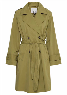 ICHI Women's Green Belted Trench Coat Mid-Length Button/Tie EU 42