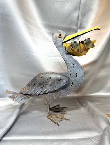 Garden Metal Pelican With Fish ~ 11” X 11”