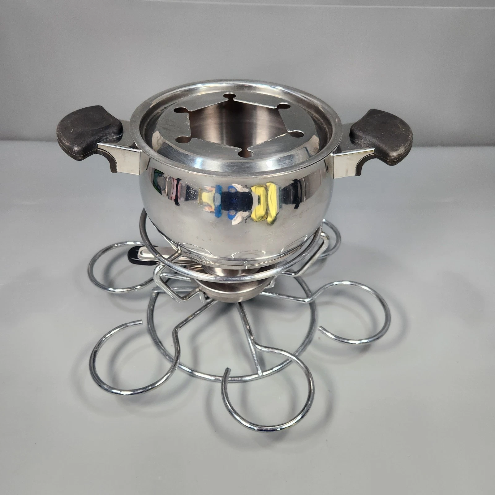 Fissler Fondue Set Stainless Steel 18/10 Germany Pot Burner Forks - Rotating