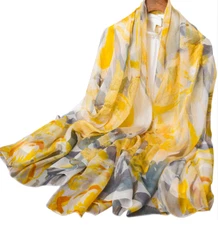 100% Silk Scarf Women neckerchief thin Shawl Wrap Floral yelloe gray HD118-23
