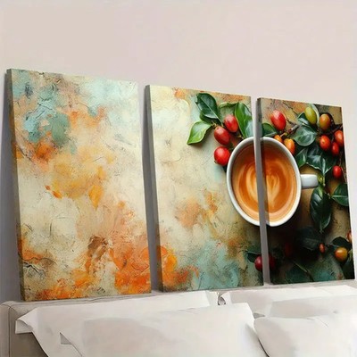 3pcs Abstract Coffee Designs with Fresh Berries Wall Art Canvas  Unframed/Framed
