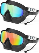 Swim Goggles Adult with Nose Cover for Men Women, 2 Pack Wide View Anti-Fog/UV N