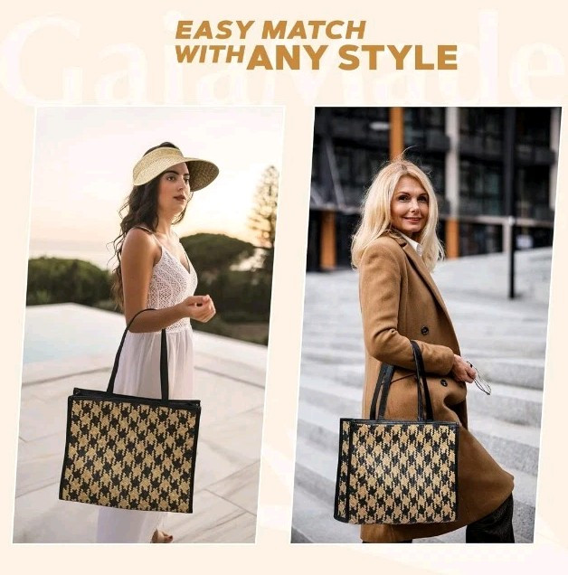 Black And Tan Checkered Handmade Seagrass Woven Tote Beach Straw