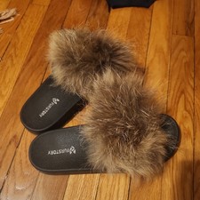 Fur Story Natural Brown Fox Fur  Black Slide Flat Sandal Slipper EU 47.5 US 13