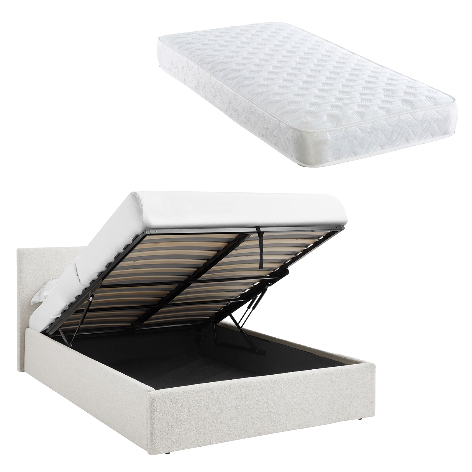 4FT6 Double Pneumatic Lift Bed White Fabric Frame + Sprung Mattress TEDDY BOUCLE