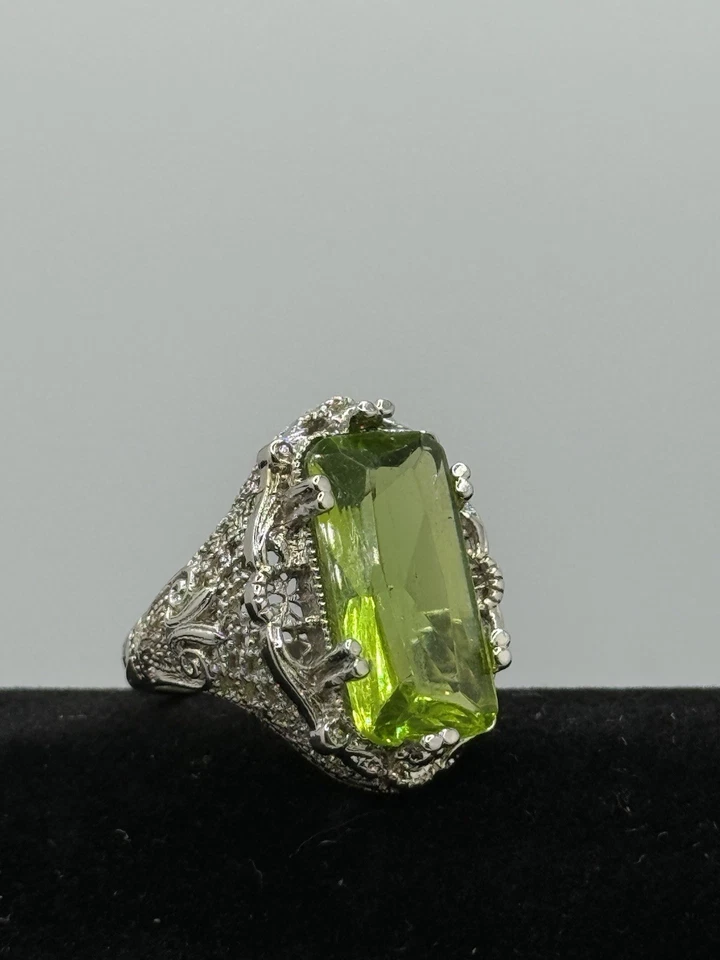 Anillo verde peridoto de plata de ley 925 vintage estilo Art Deco piedra grande talla 8 Foto 3 de 4