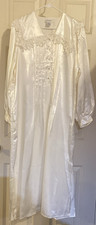 Adonna Satiny Shiny Maxi Nightgown Sz Small Long Sleeves Lace Trim Cream Bridal