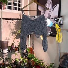 H&M Divided Floral Print Ruched Tie Front Long Sleeve Crop Top XL Blouse