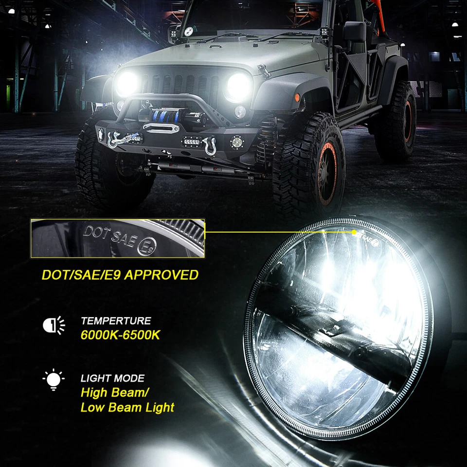 7" Round LED Headlight Black Hi/Lo Beam Bulb For Chevy C10 C20 C30 Pickup Nova - Image 2 of 4