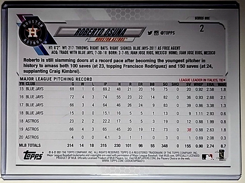 Topps 70 Gold 2021 5x7 7x5 Jumbo #2 Roberto Osuna/10 Astros de Houston de gran tamaño Foto 2 de 3