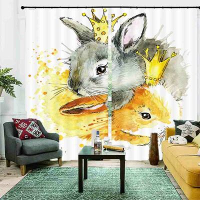 Great Grey Yellow Rabbit 3D Blockout Photo Print Curtain Fabric Curtains Window
