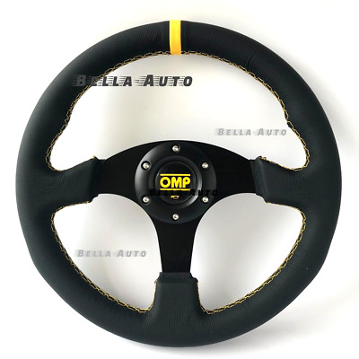 330mm Leather Flat Yellow Stitch Racing Steering Wheel Fit Omp hub Fit DiRT5 Sim