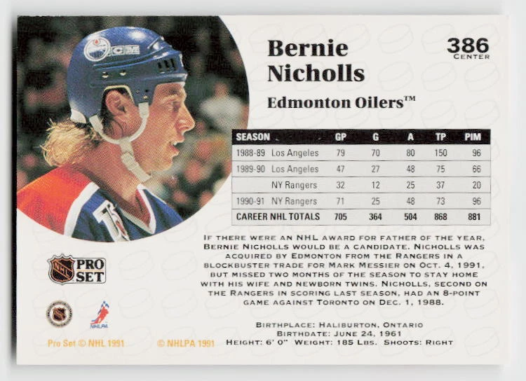 1991-92 Pro Set #386 Bernie Nicholls - Image 2 of 2
