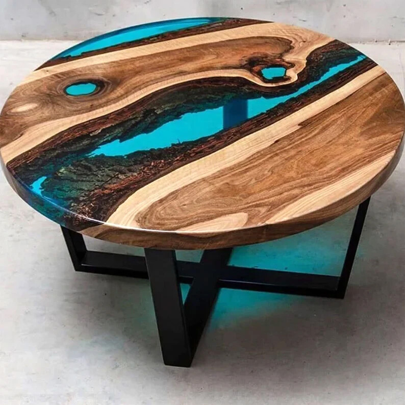Natural Blue Transparent Resin River Coffee End Side Table Tops Handmade Gift