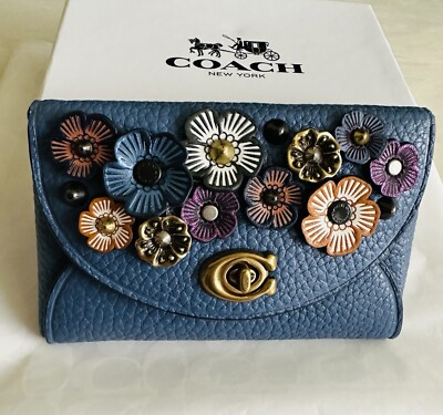 NEW COACH TEA ROSE BLUE PEBBLE LEATHER TURNLOCK CARD CASE