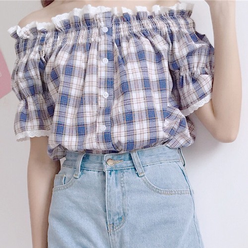 Lady Girl Check Plaid Top Shirt Blouse 