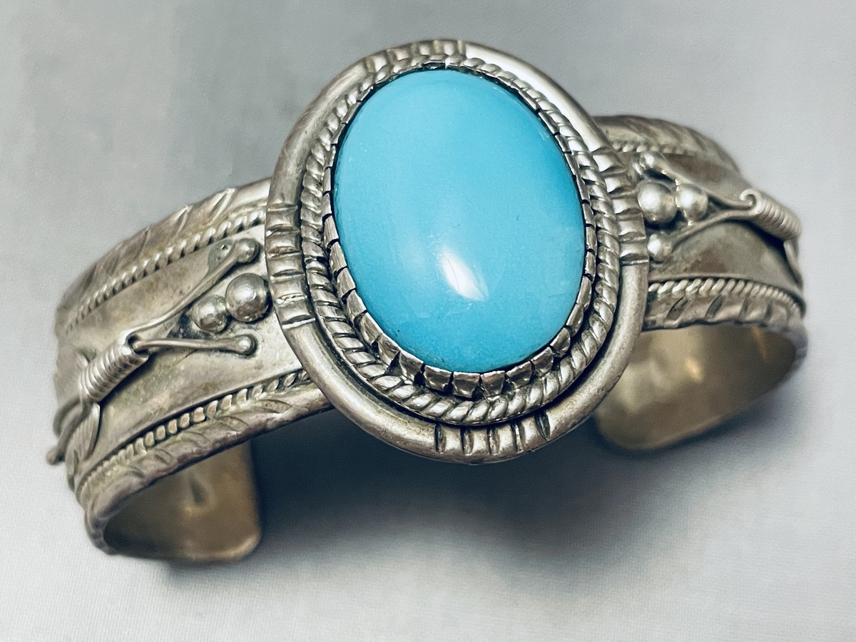 IMPORTANT UNIQUE VINTAGE NAVAJO FEATHER TURQUOISE STERLING SILVER 