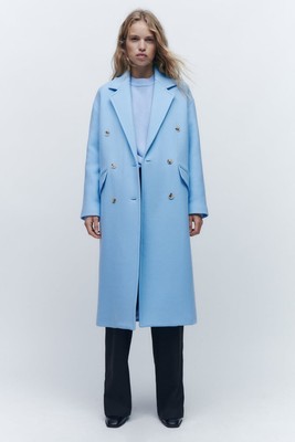 MANTEAU OVERSIZE ZARA DOUBLE BOUTONNAGE BLEU CIEL CLAIR AVEC LAINE