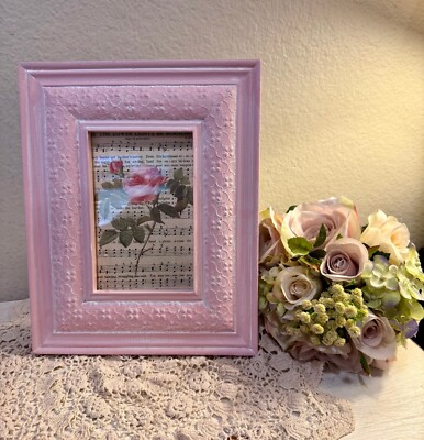Vintage Hand Painted Frame Shabby Chic Cottagecore Pink Rose Home Decor