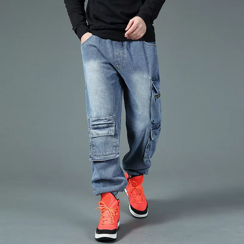 Men Elastic Waist Cargo Denim Pants Jeans Trousers Loose Tapered Cuffed