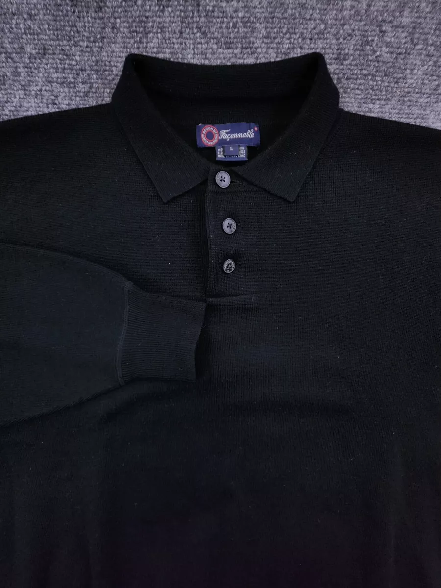 Façonnable Adult Men Large Long Sleeve Black Sweater Shirt Polo 100% Merino  Wool