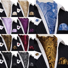 Mens Ascot Cravat White Red Black Paisley Jacquard Hankie Cufflinks Tie Set