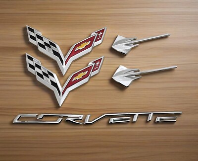 Gloss Black Front &amp; Rear &amp; Stingray Cross Flags Emblem 5PC 2014-2019 Corvette C7