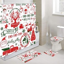4 Pcs Christmas Bathroom Set Vintage Christmas Shower Curtain with Non-Slip R...