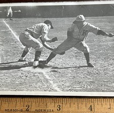 Action Photo, Runner Foot on Base. Tag by baseman, Out or Safe 4.75 x 3.5 in