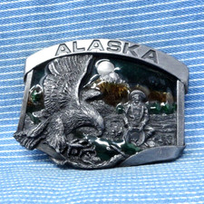 Alaska Belt Buckle Eagle Prospector Mountains Trees Sun Vtg 80s Siskiyou .TYC825