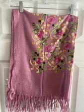 Pink Embroidered Scarf Feminine Fairy Cottage Boho Pashmina