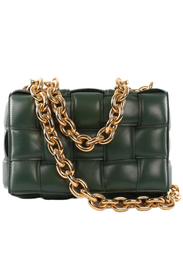 BOTTEGA VENETA GREEN THE CHAIN CASSETTE INTRECCIATO LEATHER SHOULDER BAG