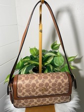 Coach Brown Beige Logo Shoulder Bag Gold Hardware Snap Closure Leather Strap