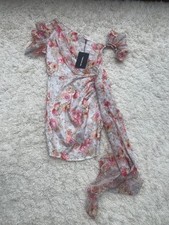 Pink Floral Chiffon One Shoulder Draped Bodycon Dress Size 8