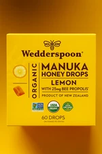 Wedderspoon Organic Manuka Honey Drops Lemon 60ct + Bee Propolis Immune Support