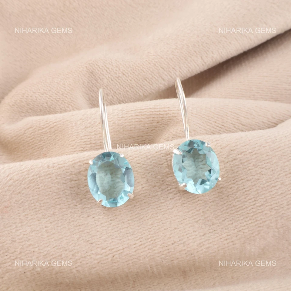 Aretes Colgantes De Gancho De Plata Esterlina 925 Con Topacio Azul Cielo Natural - Imagen 3 de 4
