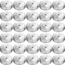 30 Pcs Regular Mouth Mason Jar Lids with Straw Hole Compatible Metal Silver