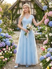 Elegant Powder Blue Tulle Embroidery Long Formal Dress Cap Sleeve Maxi Gown...