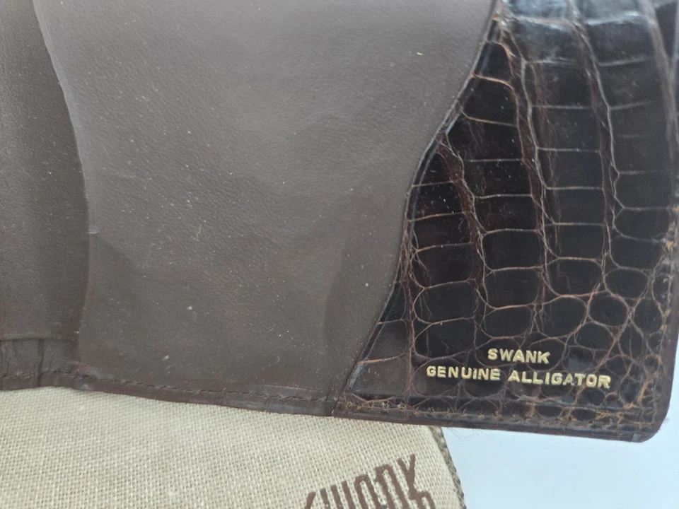 Billetera de hombre vintage años 60 SWANK genuina cocodrilo DK marrón con bolsa antipolvo Foto 4 de 4